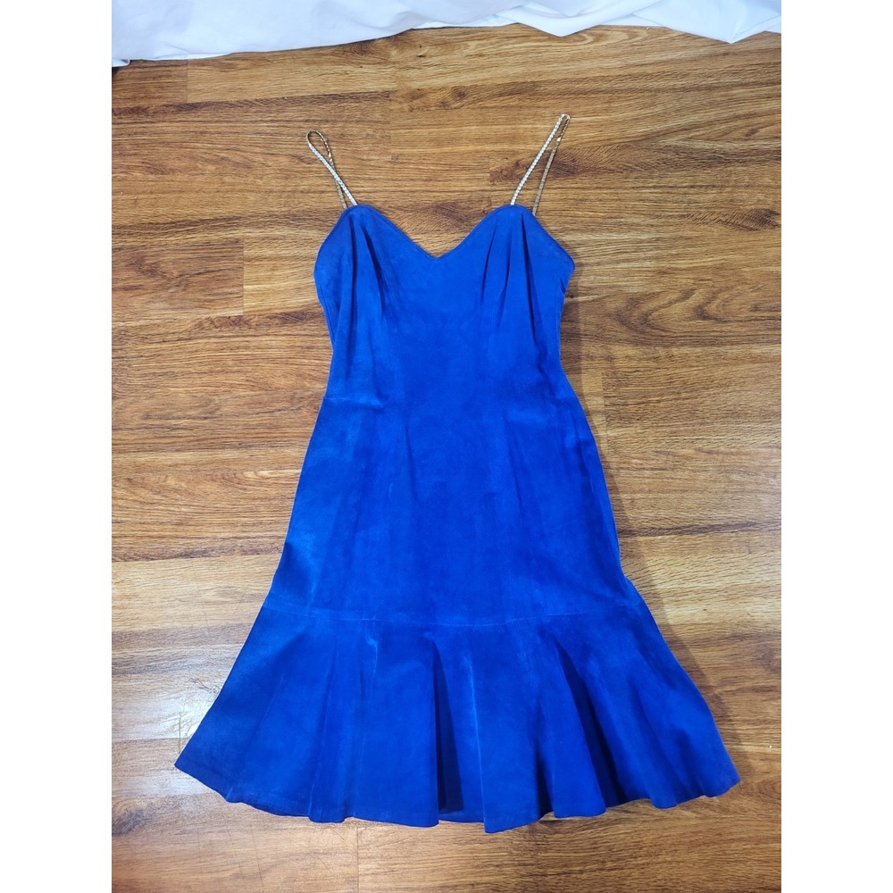Vtge‎ Firenze Santa Barbara Sze P USA Blue Leather Spaghetti Strap Dress